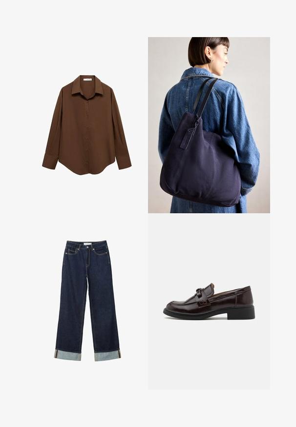 Mango Hemdbluse - brown; Dunkelblaue, weit geschnittene Jeans mit hoher Taille, ausgestattet mit aufgerollten Säumen, Kontrastnähten und einem Fünf-Taschen-Design. Hergestellt aus Denim-Stoff.; Braune Leder-Lederschuhe mit glatter Textur, versehen mit einem dekorativen Riemen und einer Schnalle, niedrigem schwarzen Absatz und abgerundetem Zehendesign.; Marinefarbene Leinenschultertasche mit weicher, strukturierter Form, ausgestattet mit einem schwarzen Riemen, genähten Details und einem kleinen Markenschild.