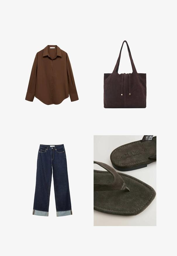 Mango Blúzka so zapínaním na gombíky - brown; Tmavo modré široké nohavice s vysokým pásom, s manžetami, kontrastným šitím a dizajnom s piatimi vreckami. Vyrobené z denimu.; Tmavohnedé žabky so semišovou textúrou a výrazným prstovým popruhom, s názvom značky "NEXT" embosovaným na podrážke.; Mango Veľká kabelka - dark brown