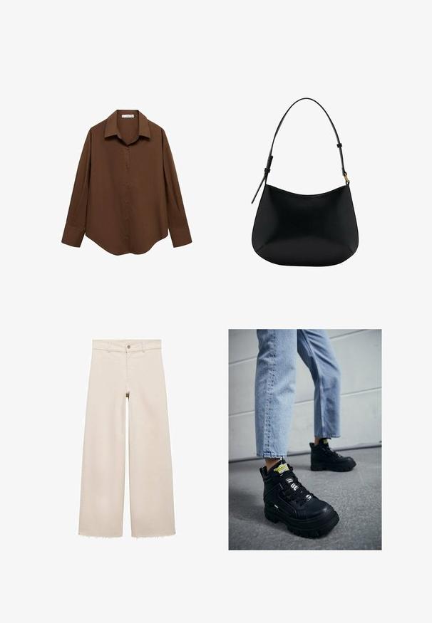 Mango Bluza s gumbima - brown; Bež traperice širokih nogavica s visokim strukom, s kopčanjem na gumb, prednjim džepovima i strganim rubovima. Izrađene od trapera.; Crne visoke tenisice s debelim đonom, s vezicama, logotipom i žutim oznakama. U kombinaciji s svijetloplavim skraćenim trapericama.; Crna kožna torba za rame s glatkom teksturom, zakrivljenim oblikom i podesivom drškom. Sadrži minimalne šavove i jednostavan dizajn.