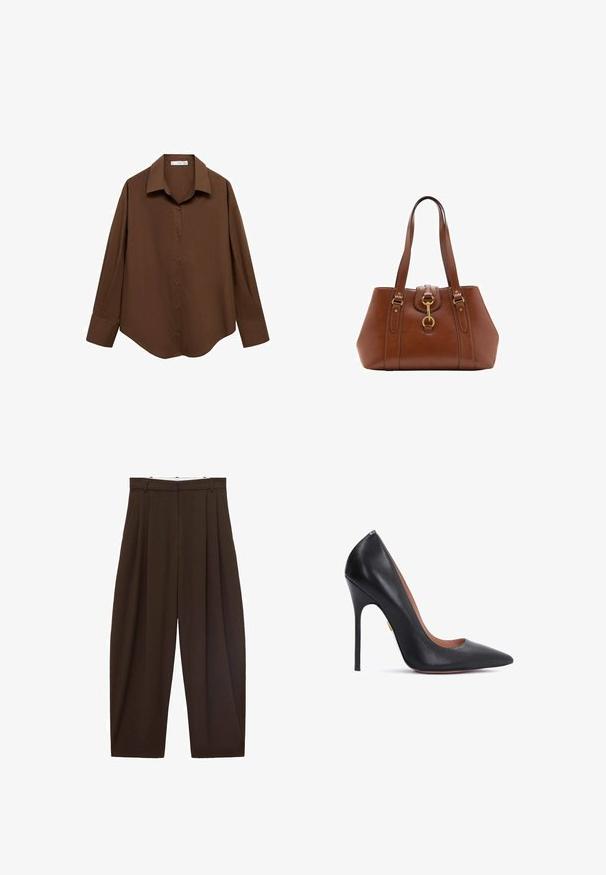 Mango Cămașă - brown; Pantaloni maronii cu talie înaltă, cu pliuri, confecționați dintr-un material neted. Croi lejer, model cu picior drept, având bucle pentru curea și închidere cu fermoar.; Pantofii cu toc înalt din piele neagră, cu vârful ascuțit, toc subțire de tip stiletto și decolteu curbat. Textură netedă și accente aurii aproape de toc.; Geantă de mână din piele maro, cu curele duble, formă rotundă, accesorii din aur și un detaliu central cu cataramă. Textură netedă cu accente cusute.