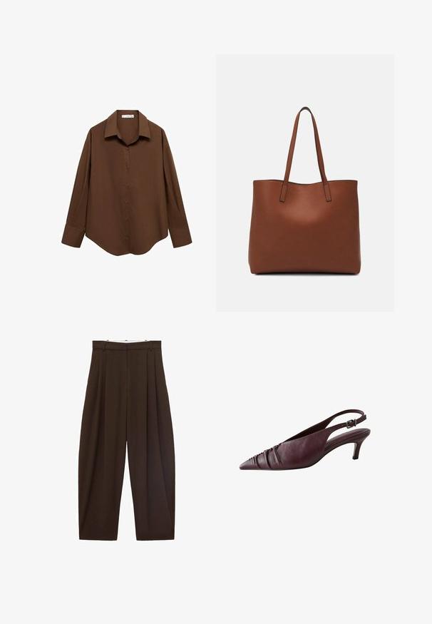 Mango Paitapusero - brown; Ruskeat korkeavyötäröiset housut, joissa on laskokset, valmistettu sileästä kankaasta. Rentoa istuvuutta, suora lahjemuoto, varustettu vyölenkeillä ja vetskarilla.; Burgundi-nahkaiset mallit sandaalit, joissa on teräväkärkinen muotoilu, etuosassa kootut tekstuurit ja kapea, jämäkkä korko. Säädettävä hihna.; Ruskea nahkainen olkalaukku, jossa on sileä pinta, avoin yläosa ja kaksi olkahihnaa. Omaavat vain minimaalisen ompelun eikä näkyvää metalliosaa.