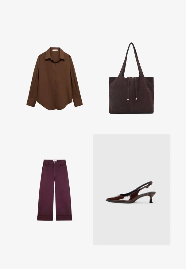 Mango Skjortebluser - brown; Vidde benbukser i dyb burgunder denim med forlommer, knaplukning og opfoldede manchetter for ekstra detail.; Brun patenteret læder slingback sko med spids tå og en moderat hæl. Har en spænde rem for en sikker pasform. Glat tekstur.; Mango Shopping bags - dark brown