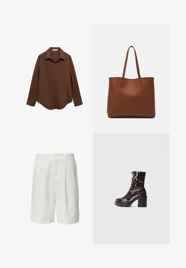 Mango Button-down blouse - brown; White pinstriped shorts made of textured fabric, featuring a button closure, pleats, and side pockets. Tailored cut; knee-length design.; Glossy burgundy ankle boot with a chunky black heel, featuring a smooth texture and simple design. No visible fastenings or patterns.; Brown leather tote bag with a smooth texture, open top design, and two shoulder straps. Features minimal stitching and no visible hardware.