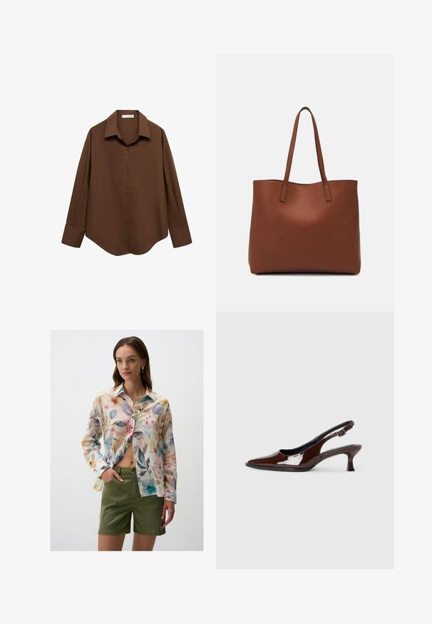 Mango Overhemdblouse - brown; Jimmy Key REGULAR WAIST - Jeansshort - khaki; Bruine gepatineerde leren slingback-schoen met een spitse neus en een gematigd hakje. Voorzien van een gespsluiting voor een veilige pasvorm. Glad van textuur.; Bruine leren tote bag met een gladde textuur, een ontwerp met een open bovenkant en twee schouderbanden. Kenmerkt zich door minimale stiksels en geen zichtbare hardware.