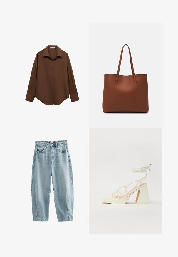 Mango Hemdbluse - brown; Hellblaue Jeans mit hohem Bund, lockerer Passform, zwei frontalen Taschen, dezentem Ausbleichen und seitlichen Schlitzen am Saum.; Weiße High-Heel-Sandale mit einem klobigen Absatz, die über ein Riemchendesign und ein Knöchelband verfügt. Glatte Textur mit einer Plattform vorne für zusätzliche Höhe.; Braune Leder-Tote mit glatter Textur, offenem Oberteil und zwei Schulterriemen. Verfügt über minimale Nähte und keine sichtbaren Beschläge.
