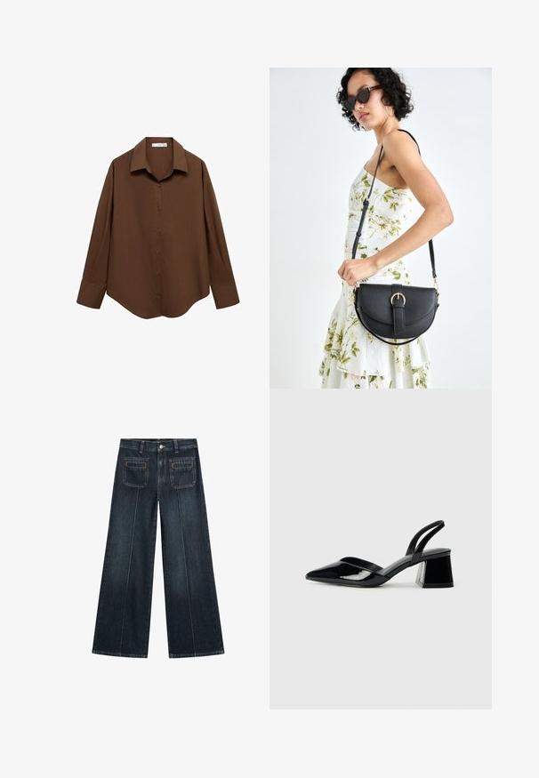 Mango Button-down blouse - brown; Wide-leg jeans in dark wash denim, featuring a button closure, two front pockets, and two back pockets with subtle stitching details.; Black patent leather slingback heels with a pointed toe and a geometric block heel. Features a sleek, minimal design and smooth texture.; Black leather handbag with a curved shape, detachable strap, and gold hardware. The bag features a flap with a buckle detail.