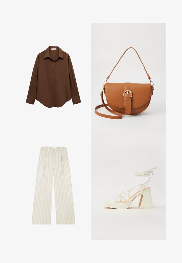 Mango - Bluzka; Beżowe spodnie o szerokich nogawkach z pionowymi prążkami, z kieszeniami z przodu, plisami oraz wszytym pasem dla uzyskania struktury.; Biała sandał na wysokim obcasie z masywnym słupkiem, z paskowym wzorem i wiązaniem przy kostce. Gładka faktura z platformą z przodu dla dodatkowej wysokości.; Brązowa skórzana torba na ramię o zaokrąglonym kształcie, ze złotymi akcentami i zapięciem w formie klamry. Posiada odpinany pasek na ramię.