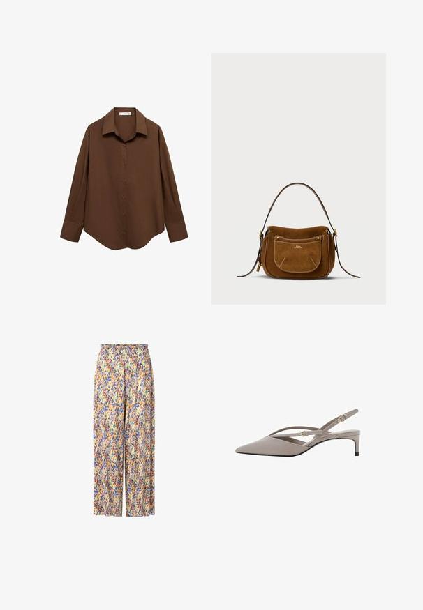 Mango Camicia - brown; Pantaloni larghi a fantasia con vita arricciata. I colori includono giallo, viola, blu e verde in un design a spruzzi.; Tacchi slingback beige con punta affusolata, sottili cinturini incrociati e tacco a stiletto corto. Tessuto liscio con inserti in hardware dorato.; Borsa a spalla in suede marrone con una forma curvata, cuciture a contrasto, dettagli in metallo dorato e una tasca frontale con zip.