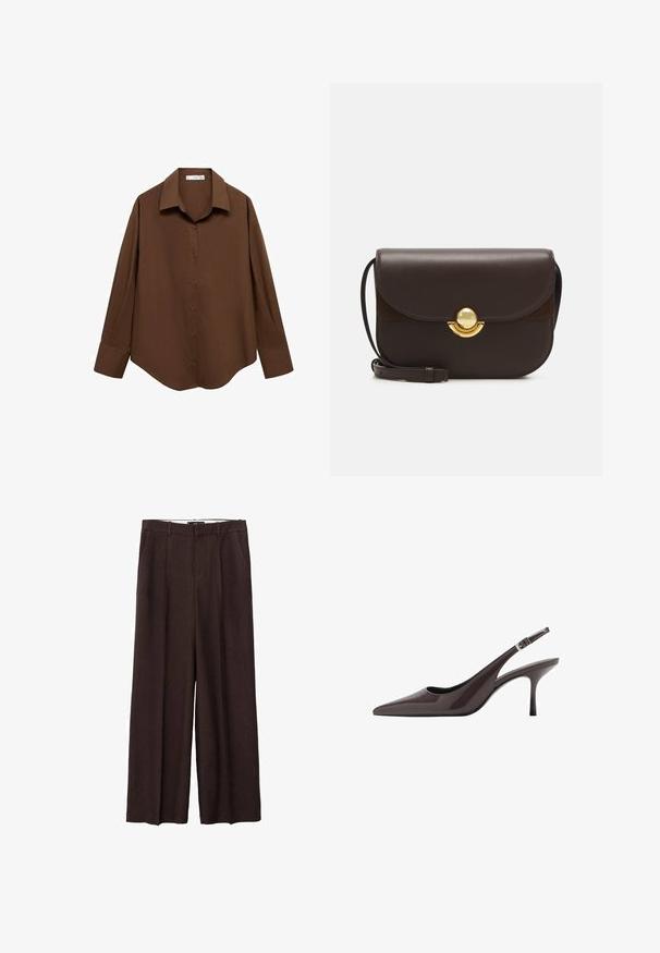 Mango Chemisier - brown; Pantalon large en lin brun avec un devant plat, deux poches latérales et un design ajusté, offrant une silhouette décontractée et fluide.; Talons aiguilles slingback en cuir verni marron foncé, avec un talon haut élancé et une sangle de cheville réglable avec une boucle.; Furla SFERA - Sac bandoulière - cioccolato