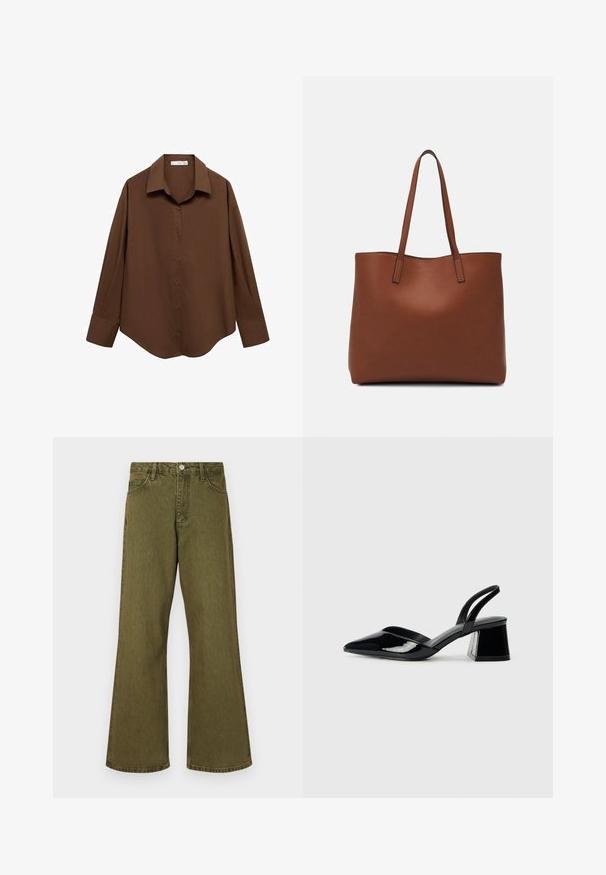 Mango Button-down blouse - brown; Olive green flared jeans made of denim, featuring a classic five-pocket design, belt loops, and a front button closure.; Black patent leather slingback heels with a pointed toe and a geometric block heel. Features a sleek, minimal design and smooth texture.; Brown leather tote bag with a smooth texture, open top design, and two shoulder straps. Features minimal stitching and no visible hardware.