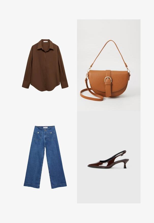 Mango Bluza s gumbima - brown; Denim široke hlače s medijskom plavom pranju, dva prednja džepa s dugmadi, i šivana dekoracija duž rubova.; Smeđe patentne kožne cipele s otvorenom petom, špicastim vrhom i umjerenom petom. Imaju remen s kopčom za sigurno pristajanje. Glatka tekstura.; Smeđa kožna torba preko tijela s zakrivljenim oblikom, zlatnim metalnim detaljima i naglaskom na kopču. Ima odvojivu naramenicu.