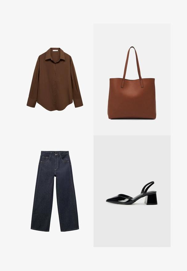 Mango Cămașă - brown; Jeans lungi de culoare albastru închis, realizate din material denim. Prezintă un fermoar, un sistem de închidere cu nasture și cusături contrastante pe margini.; Pantofi cu toc slingback din piele lacuită neagră, cu vârf ascuțit și toc geometric. Prezintă un design elegant, minimalist și o textură netedă.; Geantă de umăr din piele maro cu o textură netedă, design cu vârf deschis și două curele pentru umăr. Prezintă cusături minime și fără componente metalice vizibile.