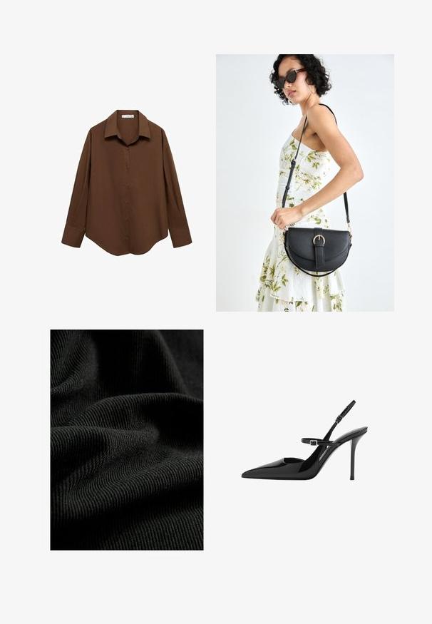 Mango Camicia - brown; Tessuto nero a coste con una superficie texture, che mette in evidenza pieghe e curve sottili. Il materiale appare leggero e flessibile.; Slingback in vernice nera con tacco a stiletto, punta affusolata e cinturino regolabile. Superficie liscia con finitura lucida.; Borsa a tracolla nera in pelle con una forma curva, manico rimovibile e accessori dorati. La borsa presenta una patta con un dettaglio a fibbia.