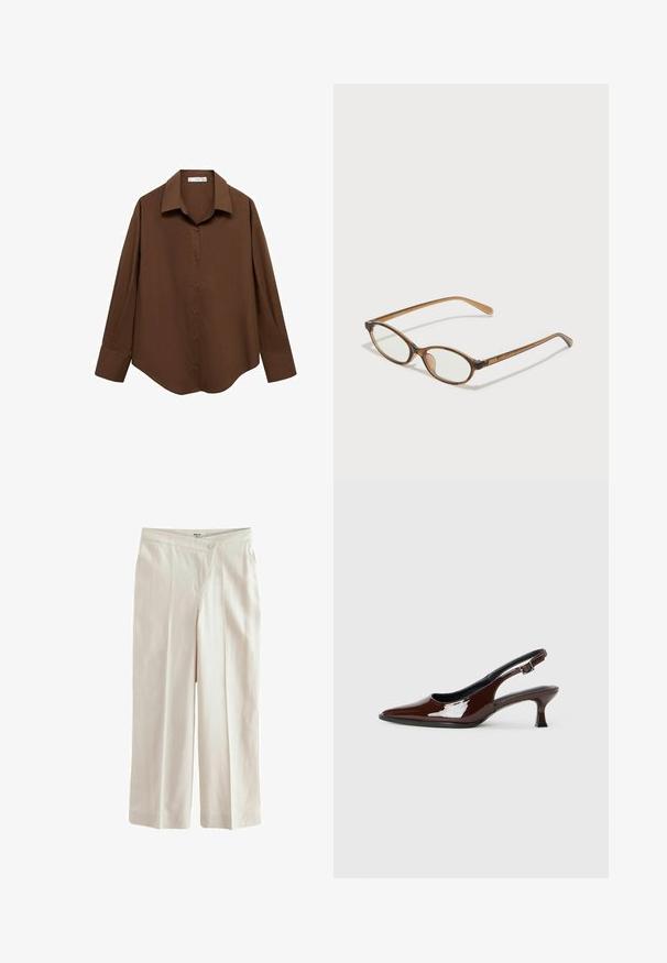 Mango Cămașă - brown; Next ASYMETRIC WAITBAND TAILORED WIDE LEG - Pantaloni - neutral; Pantofii slingback din piele patent maro, cu vârful ascuțit și un toc moderat. Prezintă o curea cu prindere pentru o potrivire sigură. Textură netedă.; Ochelari în nuanță de țestoasă maro, cu lentile ovale, brațe subțiri și accente transparente. Prezintă un logo subtil pe tâmplă. Design elegant și ușor.