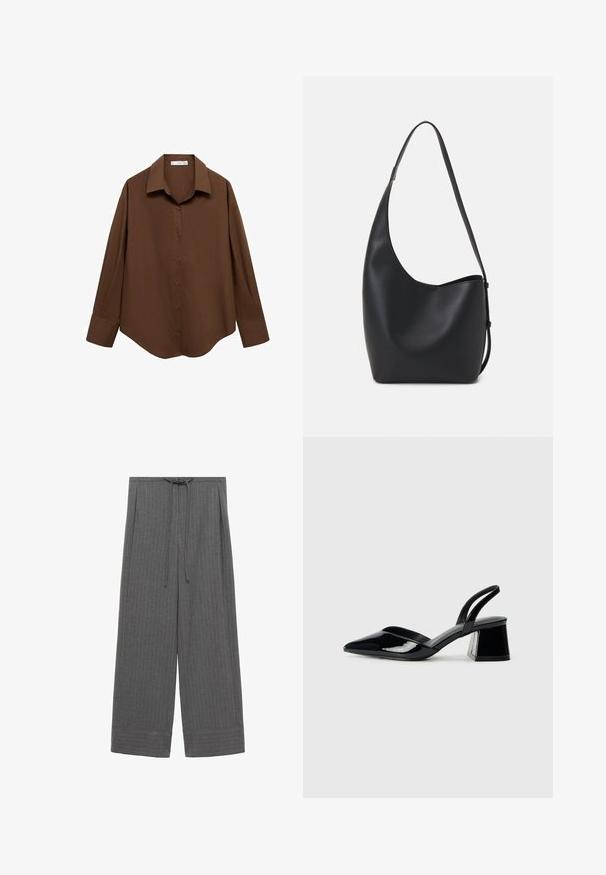 Mango Button-down blouse - brown; Gray wide-leg trousers with vertical pinstripes, featuring a drawstring waist and cuffed hems, made from a soft, textured fabric.; Black patent leather slingback heels with a pointed toe and a geometric block heel. Features a sleek, minimal design and smooth texture.; Black leather hobo bag with a smooth texture, curved shape, and single adjustable strap; features a wide opening at the top.