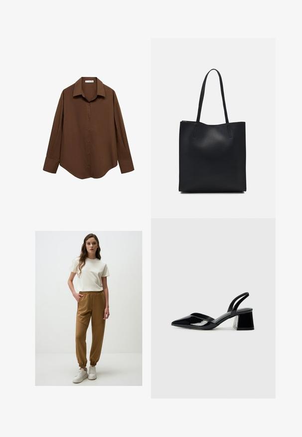 Mango Chemisier - brown; T-shirt beige clair à manches courtes associé à un pantalon de jogging marron, fuselé, avec une taille élastique et des chevilles côtelées. Des baskets blanches complètent le look.; Escarpins en cuir verni noir avec bout pointu et talon bloc géométrique. Présente un design élégant et minimaliste ainsi qu'une texture lisse.; Sac fourre-tout en cuir noir avec une texture lisse, de forme rectangulaire et deux longues poignées. Pas de matériel ou d'ornementations visibles.
