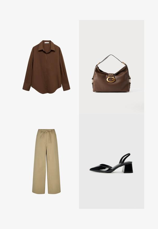 Mango Košilová halenka  - brown; Béžové kalhoty širokého střihu s vysokým pasem, šňůrkou v pase a dvěma bočními kapsami, vyrobené z hladkého, lehkého materiálu.; Černé lakované kožené lodičky na pásku s špičatou špičkou a geometrickým blokovým podpatkem. Vyznačují se elegantním, minimalistickým designem a hladkým povrchem.; Hnědá kožená kabelka s texturovaným povrchem, která má zlatý kovový klip a jeden zakřivený ramenní popruh.