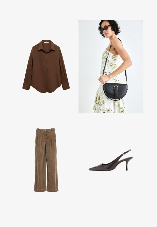 Mango Camicia - brown; Pantaloni a gamba larga in velluto a coste marrone con pieghe frontali, chiusura con bottone e tessuto testurizzato. Presentano una vita alta e gambe dritte.; Décolleté con cinturino in pelle brillante marrone scuro, caratterizzate da un tacco alto e sottile e una cinghia alla caviglia regolabile con fibbia.; Borsa a tracolla nera in pelle con una forma curva, manico rimovibile e accessori dorati. La borsa presenta una patta con un dettaglio a fibbia.