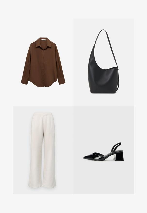 Mango Button-down blouse - brown; Beige wide-leg sweatpants made of soft fabric, featuring an elastic waistband and side pockets, with a smooth texture and stitched accents.; Black patent leather slingback heels with a pointed toe and a geometric block heel. Features a sleek, minimal design and smooth texture.; Black leather hobo bag with a smooth texture, curved shape, and single adjustable strap; features a wide opening at the top.