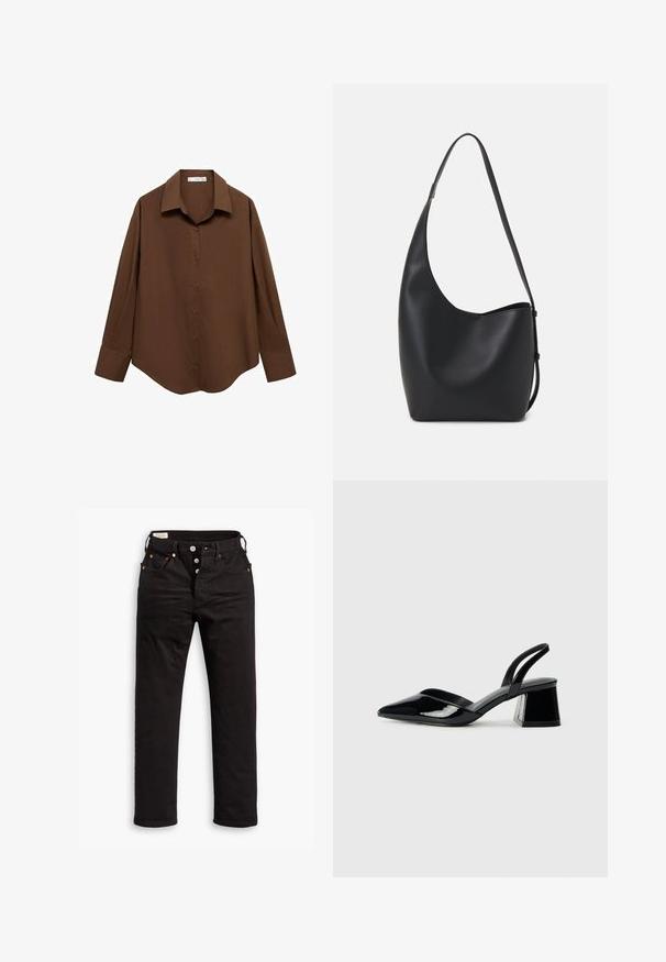 Mango Camicia - brown; Jeans neri a gamba dritta con chiusura a bottone, tasche anteriori e posteriori, e dettagli in rivetti di rame su uno sfondo bianco.; Décolleté in vernice nera con punta affusolata e tacco in geometria cubica. Presentano un design elegante e minimalista, con una texture liscia.; Borsa hobo nera in pelle con una superficie liscia, forma curvata e una singola tracolla regolabile; presenta un'ampia apertura nella parte superiore.