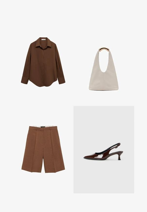 Mango Button-down blouse - brown; Brown tailored shorts made from a soft fabric, featuring a high waist, flat front, two side pockets, and a loose, wide-leg design.; Brown patent leather slingback shoe with a pointed toe and a moderate heel. Features a buckle strap for secure fit. Smooth texture.; Light gray leather bag with a U-shaped design and a curved metallic handle. Smooth texture with minimal stitching and no visible patterns.