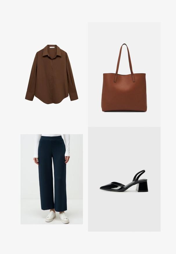 Mango Camicia - brown; Pantaloni a gamba larga blu navy realizzati in tessuto a coste, caratterizzati da una vita alta e una vestibilità comoda, abbinati a scarpe da ginnastica bianche.; Décolleté in vernice nera con punta affusolata e tacco in geometria cubica. Presentano un design elegante e minimalista, con una texture liscia.; Borsa tote in pelle marrone con texture liscia, design con apertura superiore e due spallacci. Presenta cuciture minime e nessun hardware visibile.