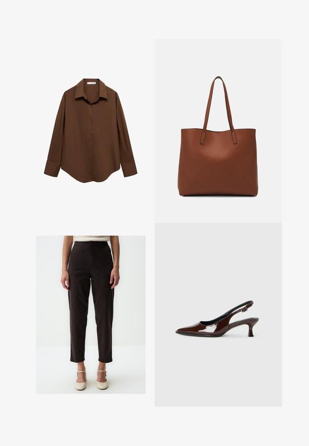 Mango Hemdbluse - brown; Schwarze, hochtaillierte Hose mit geradem Bein, ausgestattet mit Fronttaschen, einem Knopfverschluss und subtilen Steppdetails.; Braune Lackleder-Slingback-Schuhe mit spitzer Zehe und moderatem Absatz. Mit einem Schnallenriemen für einen sicheren Sitz. Glatte Textur.; Braune Leder-Tote mit glatter Textur, offenem Oberteil und zwei Schulterriemen. Verfügt über minimale Nähte und keine sichtbaren Beschläge.
