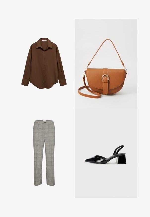 Mango Bluza s gumbima - brown; Sive karirane hlače s ravnim prednjim dijelom, kopčanjem na gumb i ravnim nogavicama. Tkanina ima glatku teksturu s klasičnim kariranim uzorkom.; Crne lakirane kožne sandale s otvorenom petom i špicastim vrhom, s geometrijskom blok petom. Imaju elegantan, minimalistički dizajn i glatku teksturu.; Smeđa kožna torba preko tijela s zakrivljenim oblikom, zlatnim metalnim detaljima i naglaskom na kopču. Ima odvojivu naramenicu.