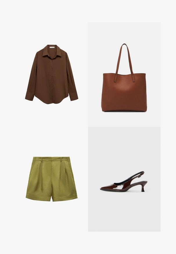 Mango Košilová halenka - brown; Mango Šortky - khaki; Hnědé lakované kožené slingback boty s špičatou špičkou a mírným podpatkem. Disponují přezkou pro bezpečné upevnění. Hladký povrch.; Hnědá kožená taška přes rameno s hladkou texturou, otevřeným designem a dvěma ramenními popruhy. Obsahuje minimální švy a žádné viditelné kovové prvky.