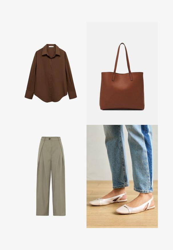Mango Chemisier - brown; Moves LAURO - Pantalon classique - fossil; Ballerines slingback rose pâle avec un bout pointu, fabriquées en un matériau semblable au cuir lisse. Présentent des découpes sur les côtés et un talon plat.; Sac fourre-tout en cuir marron avec une texture lisse, design à ouverture supérieure et deux poignées pour le porter à l'épaule. Présente des coutures minimales et aucun matériel visible.