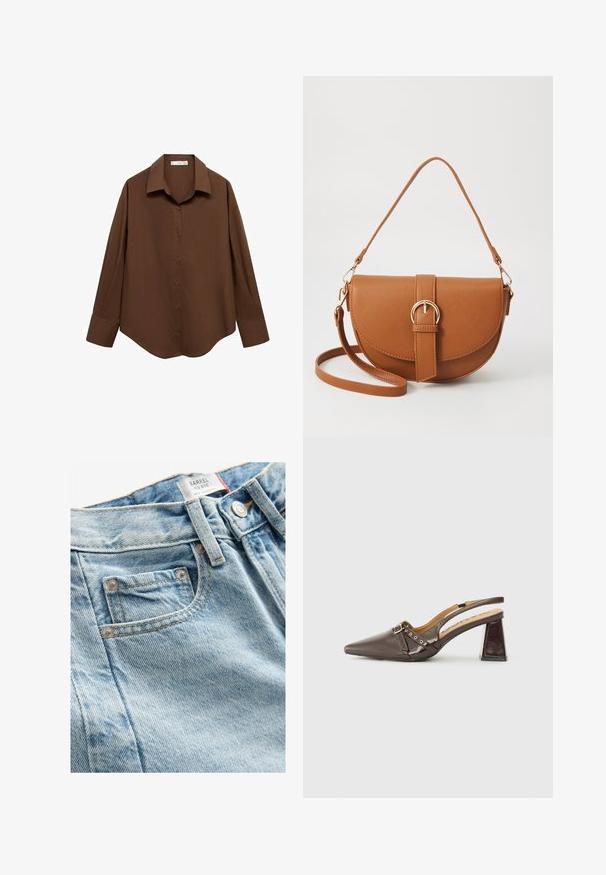 Mango Cămașă - brown; Blugi din denim de culoare albastru deschis, cu talie medie și finisaj texturat, dotati cu un buzunar frontal mic și închidere cu buton metalic. Cusături distinctive vizibile.; Pantofii slingback din piele patentă maro, cu vârf ascuțit, detalii proeminente cu cataramă, mici cuișoare decorative și toc triunghiular gros.; Geantă din piele maro, tip crossbody, cu o formă curbată, accesorii aurii și un accent cu cataramă. Dispune de un curea de umăr detașabilă.