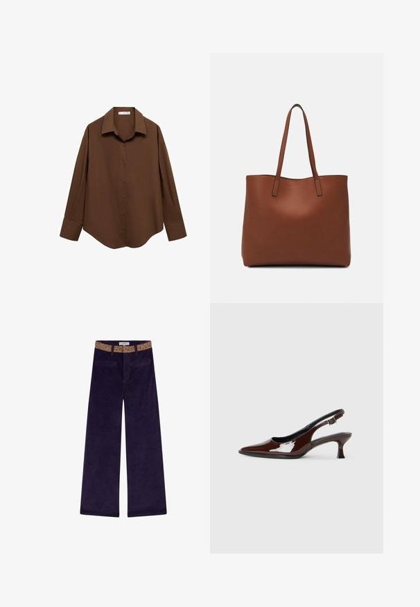 Mango Camicia - brown; Pantaloni in corduroy a gamba larga di un profondo viola con una cintura decorata, dotati di tasche frontali e dettagli di cucitura arancioni.; Scarpa slingback in pelle verniciata marrone con punta affusolata e tacco moderato. Presenta una fascia con fibbia per una calzata sicura. Tessuto liscio.; Borsa tote in pelle marrone con texture liscia, design con apertura superiore e due spallacci. Presenta cuciture minime e nessun hardware visibile.