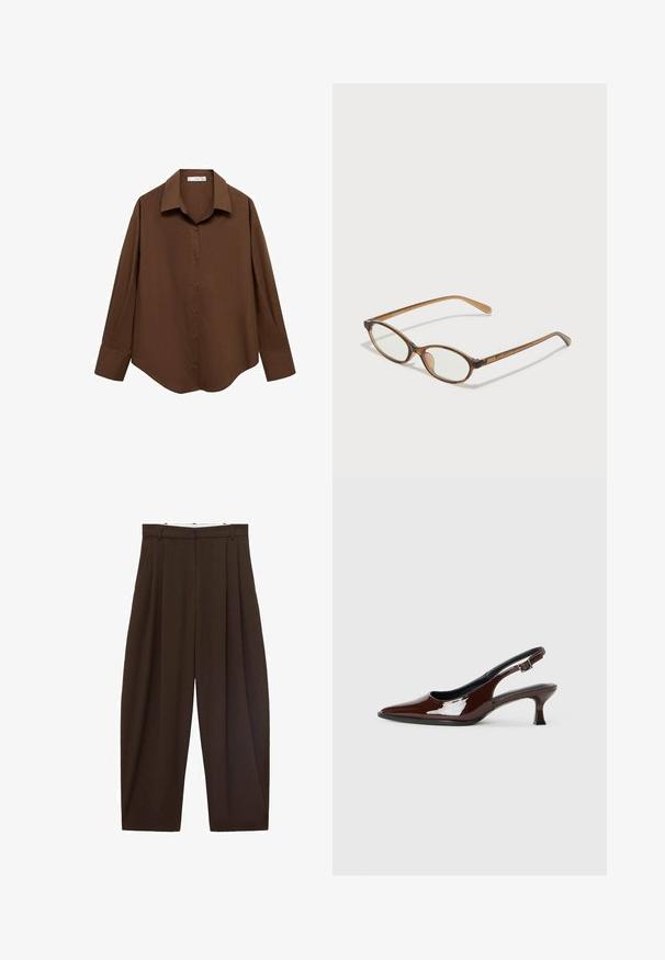 Mango Blus - brown; Bruna högmidjade byxor med veck, tillverkade av slätt tyg. Lätt lös passform, rak bendesign, med bältesöglor och dragkedja.; Brun lackläder slingback-sko med spetsig tå och en måttlig klack. Utrustad med en spännband för säker passform. Slät textur.; Bruna sköldpaddsformade glasögon med ovala linser, tunna skalmar och transparanta detaljer. Innehåller en diskret logotyp på bågen. Snygg, lätt design.