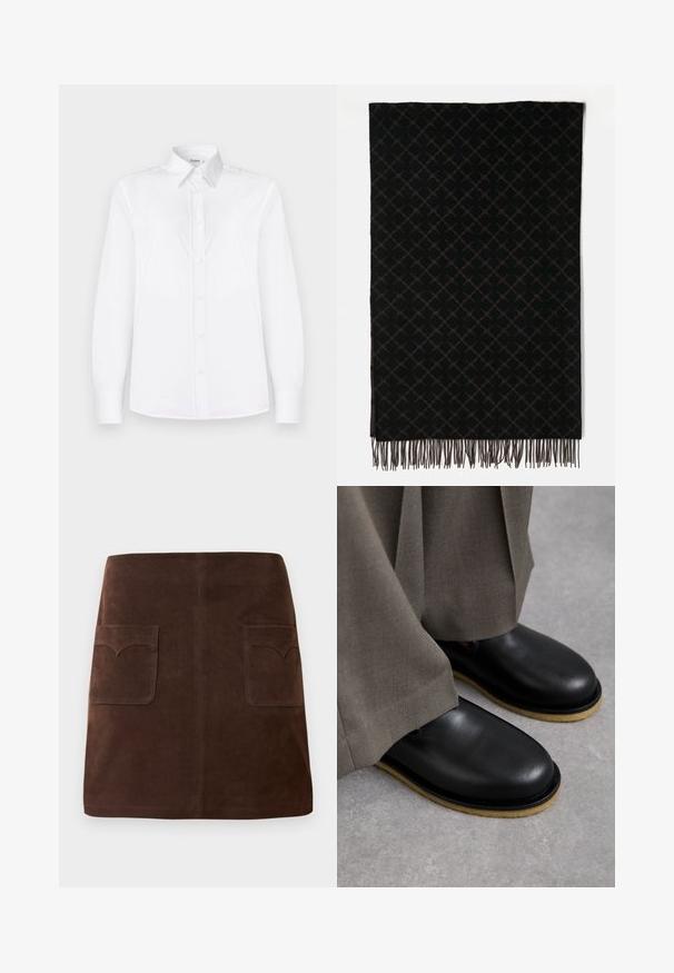 Biała koszula z długim rękawem, wykonana z gładkiego materiału, z kołnierzykiem i zapięciem na guziki, ozdobiona jasnoróżowymi guzikami.; Brązowa zamszowa spódnica w klasycznym kształcie A, z dwiema przednimi kieszeniami z zaokrąglonymi klapami i subtelnymi detalami szewnymi.; Czarne skórzane buty z okrągłym czubkiem, płaską podeszwą i kontrastującą jasnobrązową podeszwą, zestawione z luźnymi szarymi spodniami.; Czarny szalik w wzór diamentów w ciemnych odcieniach, z frędzlami na krawędziach dodającymi faktury. Wykonany z miękkiej, tkanej tkaniny.