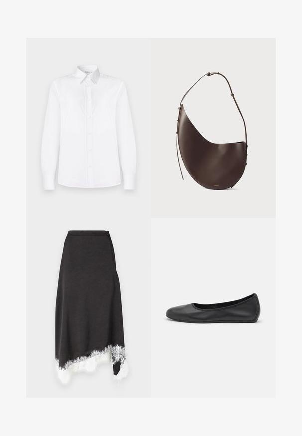 Valkoinen pitkähihaisessa paidassa on sileä kangas, kauluspäällinen ja nappilista, jossa on vaaleanpunaiset napit.; Baum und Pferdgarten SOPHIE - A-linjainen hame - black; Musta nahkainen ballerina, jossa on pyöristetty kärki, sileä pinta, minimaalinen ommelkoristelu ja joustava pohjamuotoilu.; Ruskea nahkainen käsilaukku, jolla on kaareva muoto, yksinkertainen olkahihna ja minimalistinen muotoilu. Sisältää huomaamattoman logon ja kultaiset yksityiskohdat.