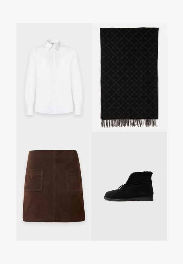Biała koszula z długim rękawem, wykonana z gładkiego materiału, z kołnierzykiem i zapięciem na guziki, ozdobiona jasnoróżowymi guzikami.; Brązowa zamszowa spódnica w klasycznym kształcie A, z dwiema przednimi kieszeniami z zaokrąglonymi klapami i subtelnymi detalami szewnymi.; Czarne zamszowe botki za kostkę z futrzanym wykończeniem widocznym na otworze oraz przewiązanym sznurkiem wokół górnej części.; Czarny szalik w wzór diamentów w ciemnych odcieniach, z frędzlami na krawędziach dodającymi faktury. Wykonany z miękkiej, tkanej tkaniny.