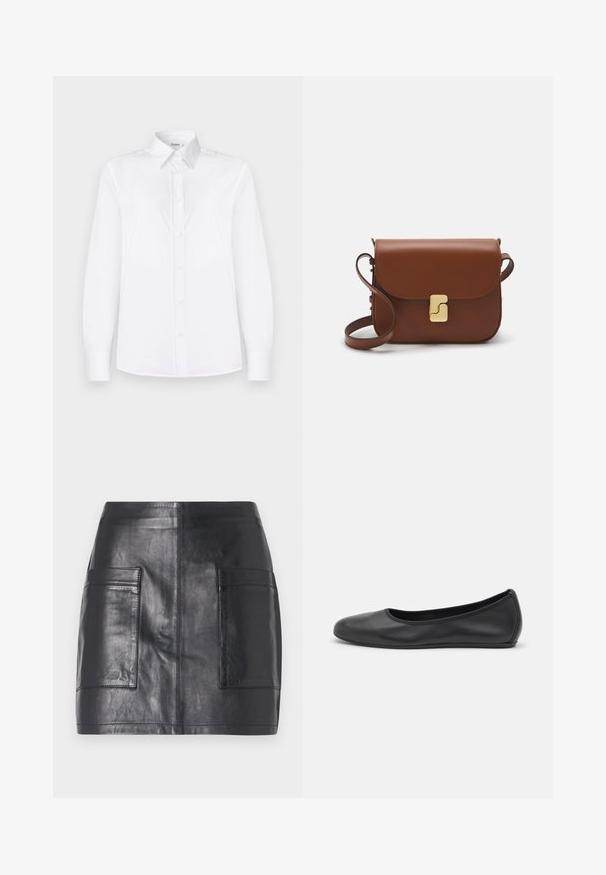 Chemise blanche à manches longues en tissu lisse, avec un col et un devant à boutons ornés de petits boutons rose pâle.; Mini jupe en cuir noir avec deux poches latérales, texture lisse, design ajusté et lignes épurées sans embellissements supplémentaires.; Ballerines en cuir noir avec un bout rond, texture lisse, détails de couture minimalistes et design de semelle flexible.; Sac à main en cuir marron avec une fermeture à rabat, des accents en métal doré, une bandoulière et une texture lisse. Forme rectangulaire compacte.