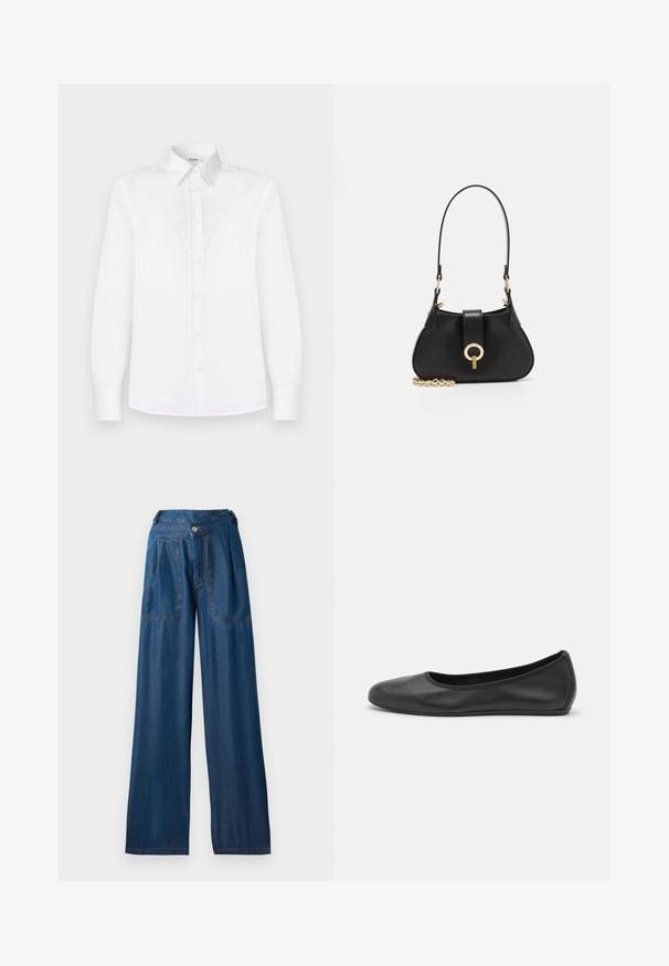 Biała koszula z długim rękawem, wykonana z gładkiego materiału, z kołnierzykiem i zapięciem na guziki, ozdobiona jasnoróżowymi guzikami.; Granatowe dżinsy o szerokich nogawkach, wykonane z denimu, z dwoma przednimi kieszeniami, zapięciem na guzik oraz kontrastowymi pomarańczowymi przeszyciami.; Czarne skórzane baletki z zaokrąglonym noskiem, gładką fakturą, minimalnymi przeszyciami i elastycznym designem podeszwy.; sandro - Torebka