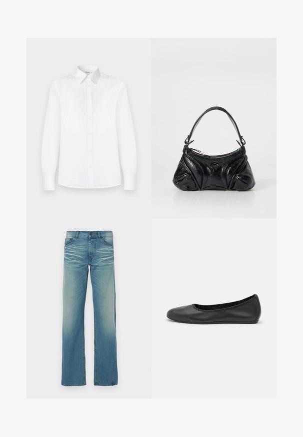 Valge pikakäigeline särk, mis on valmistatud siledast kangast, millel on krae ning ees on väikeste roosade nuppudega nööpidega kinnitamine.; Heledad sinise denimi sirge sääre lõikega teksapüksid, pleekinud värvusega, viie taskuga ja nööpidega sulgemisega. Nähtavad õmblused rõhutavad disaini.; Musthave mustika tantsutossud mustast nahast, ümmarguse varbaga, siledast tekstuurist, minimaalse õmblusdetailiga ja paindliku tallakujundusega.; Musta kott, mis on valmistatud tekstureeritud nahast ja omab ümarat kuju. Sellel on õhuke õlarihm ja dekoratiivsed reljeefmustrit.