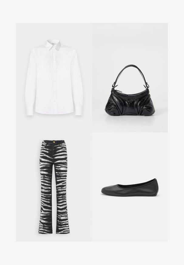 Weißes Langarmhemd aus glattem Stoff, mit einem Kragen und einer Knopfleiste mit hellrosa Knöpfen.; Roberto Cavalli Flared Jeans - nero/bianco; Schwarze Leder-Ballettschuhe mit abgerundeter Spitze, glatter Textur, minimalen Nähdetails und einem flexiblen Sohlen-Design.; Schwarze Handtasche aus strukturiertem Leder mit runder Form. Verfügt über einen dünnen Schulterriemen und dekorative geprägte Muster.