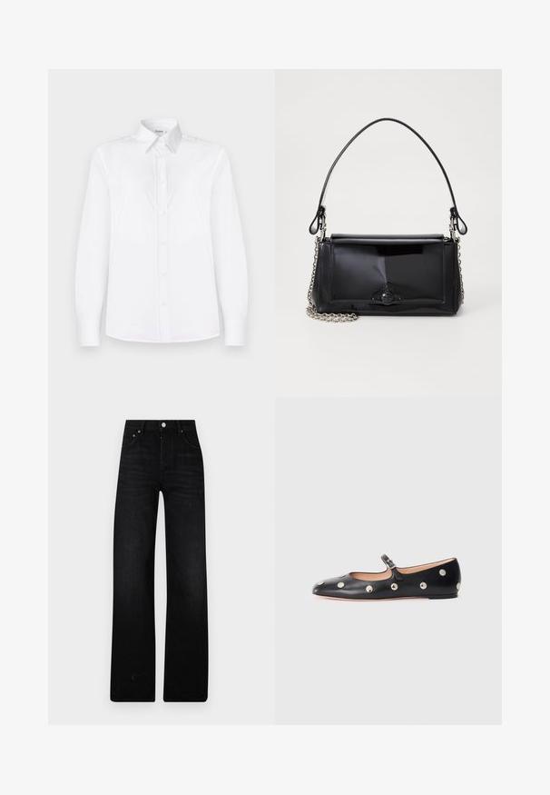 Camisa blanca de manga larga hecha de tela suave, con cuello y botón frontal con botones en rosa claro.; Pantalones vaqueros anchos de color negro, confeccionados en denim. Presentan una cintura alta, dos bolsillos frontales y cierre con botón metálico. Acabado texturizado con un desvanecimiento mínimo.; Zapato plano tipo Mary Jane de cuero negro con punta redonda, adornado con tachuelas circulares plateadas y una correa ajustable con hebilla.; Bolso de mano de charol negro con forma rectangular, correa de cadena y un acento de hardware distintivo en el centro. Textura suave.