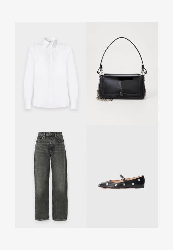 White long-sleeve shirt made of smooth fabric, featuring a collared neckline and a button front with light pink buttons.; Won Hundred ALEXANDRA - Relaxed fit jeans - tinted black; Black leather Mary Jane flat shoe with a rounded toe, featuring silver circular studs and an adjustable strap with a buckle.; Black patent leather handbag with a rectangular shape, chain strap, and a distinctive hardware accent in the center. Smooth texture.