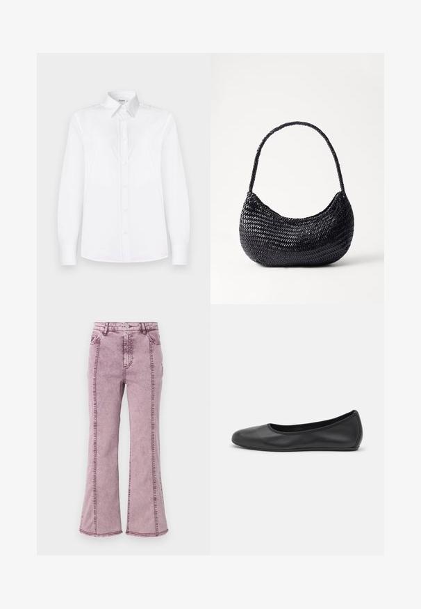 Fehér, hosszú ujjú ing sima anyagból, galléros nyakkal és világos rózsaszín gombokkal ellátott gombos elülső résszel.; Lila farmer bővülő farmerek magas derékkal, oldalaikon látható varrással és nyers szegéllyel az alján.; Fekete bőr balettcipő lekerekített orral, sima tekstúrával, minimális varrással és rugalmas talp kialakítással.; DRAGON DIFFUSION NOVA LUNA - Kézitáska - black