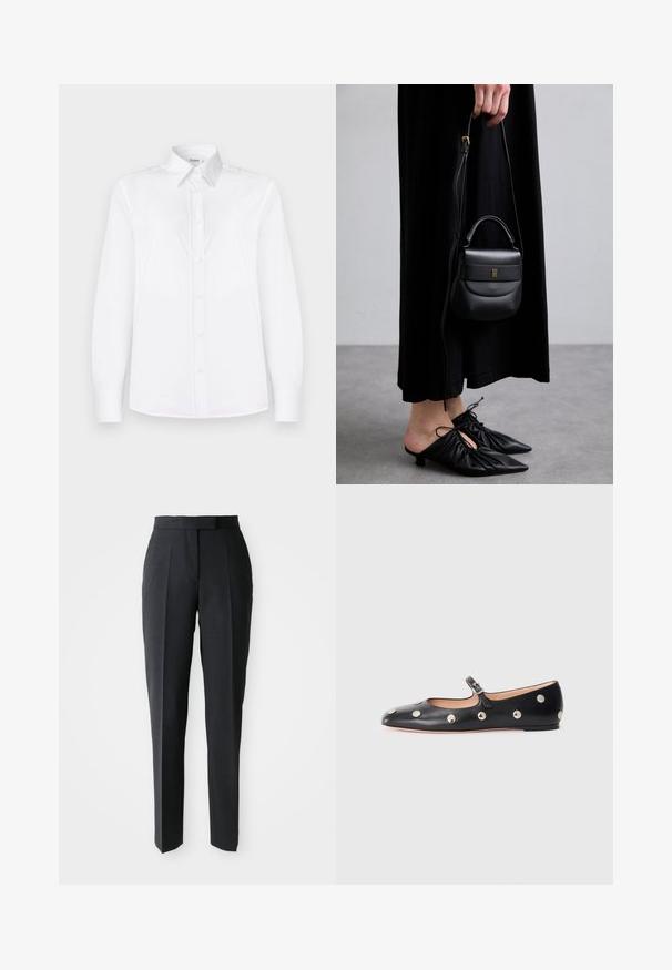 Valkoinen pitkähihaisessa paidassa on sileä kangas, kauluspäällinen ja nappilista, jossa on vaaleanpunaiset napit.; Musta räätälöity suora lahjehousut korkealla vyötäröllä ja etuonteloilla, esillä yksinkertaisella vaalealla taustalla.; Musta nahkainen Mary Jane -tyylinen tasapohjakenkä, jossa on pyöreä varvas. Kenkässä on hopeisia pyöreitä niittejä ja säätöremmi, jossa on solki.; Pieni musta nahkabag, jonka muoto on pyöreä, yläkahva ja irrotettava olkahihna. Yhdistetty mustan kankaan mekkoon ja mustiin plissee-kenkään.