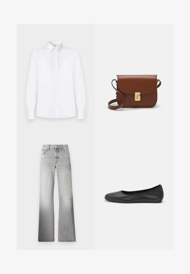 White long-sleeve shirt made of smooth fabric, featuring a collared neckline and a button front with light pink buttons.; Gray denim wide-leg jeans featuring a high waist, faded texture, five pockets, and a zip fly with button closure.; Black leather ballet flat with a rounded toe, smooth texture, minimal stitching detail, and a flexible sole design.; Brown leather handbag with a flap closure, gold-tone hardware, a shoulder strap, and a smooth texture. Compact rectangular shape.