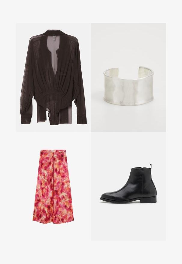 Zwarte doorzichtige blouse met lange mouwen, gathered taille en open front ontwerp. Lichtgewicht stof met een gladde textuur en vloeiende silhouet.; Lang rokje in levendig roze met abstract, aquarelachtig patroon. Gemaakt van lichte stof. Heeft een rechte snit en een verborgen tailleband.; Zign LEATHER - Lage laarzen - black; Zign Armband - silver-coloured