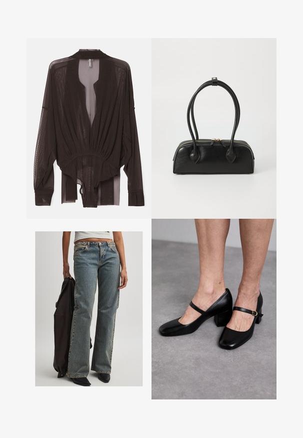 Czarna przezroczysta bluzka z długimi rękawami, marszczonym pasem i otwartym przodem. Lekki materiał o gładkiej teksturze i swobodnym kroju.; Jasnoniebieskie dżinsy o luźnym kroju, z średnim stanem, widocznymi szwami i klasycznym pięciopocketowym wzorem. Pojawiają się również czarne obuwie i ciemna kurtka.; Stuart Weitzman - Czółenka; Czarna skórzana torebka na ramię z dwoma wydłużonymi uchwytami, zamknięciem na zamek i zaokrąglonym kształtem; gładka tekstura z subtelnym połyskiem.; Zign - Bransoletka