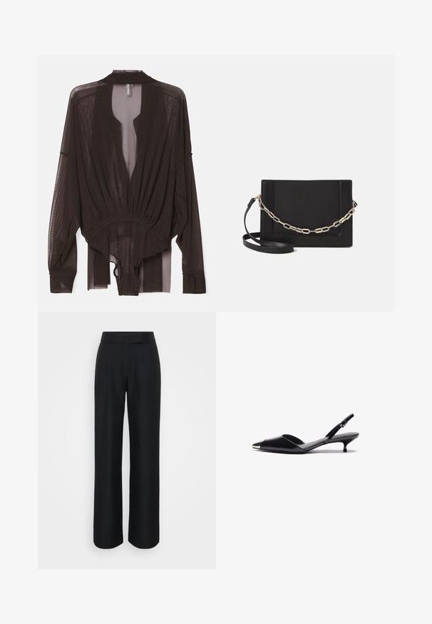 Melnā caurspīdīgā blūze ar garām piedurknēm, savilkta jostas daļā un atvērta priekšpusē. Viegls audums ar gludu tekstūru un plūstošu siluetu.; Melni platā kāju bikses, kas izgatavotas no gludas auduma, ar augstu jostasvietu un vieglām frontālām krokām; nav redzamu rakstu vai furnitūras.; Melni lakoti slingback augstpapēžu zābaki ar smailu pirkstu, metāla akcentu uz pirksta un plānu kaķa papēdi. Gluda tekstūra, minimālistisks dizains.; Melna ādas crossbody soma ar gludu faktūru, taisnstūrveida formu un metalizētu ķēdes detaļu priekšā. Iekļauta regulējama siksna.