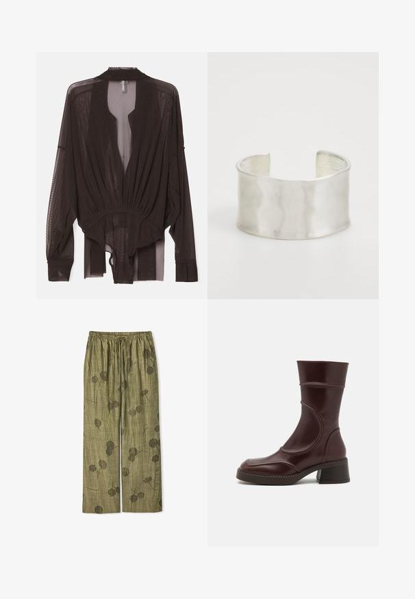 Czarna przezroczysta bluzka z długimi rękawami, marszczonym pasem i otwartym przodem. Lekki materiał o gładkiej teksturze i swobodnym kroju.; Zielone, szerokie spodnie wykonane z teksturowanego materiału, z kwiatowym nadrukiem w ciemniejszych odcieniach zieleni oraz elastycznym paskiem z regulacją w talii.; MIISTA MALENE brązowy; Zign - Bransoletka