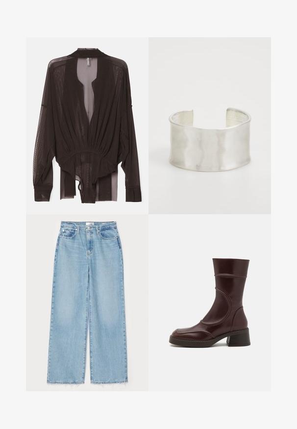 Schwarze durchsichtige Bluse mit langen Ärmeln, gerafftem Tailleneinsatz und offenem Frontdesign. Leichter Stoff mit glatter Textur und fließender Silhouette.; Hellblaue weit geschnittene Jeans aus Denim, mit einem fransigen Saum, klassischem Fünf-Taschen-Design und einem Knopfverschluss an der Taille.; MIISTA MALENE - Stiefelette - brown; Zign Armband - silver-coloured
